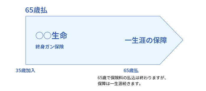 65歳払イメージ：35際〇〇生命終身ガン保険加入→65歳で保険料の払込みは終わりますが、保険は一生涯続きます。（一生涯の保証）