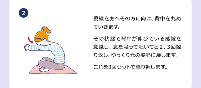 次に、息を吐きながら左肩を後ろに引きます。そのまま息を吐き続けながら、左肩を下げて、元の「腰に手を当てた状態」に戻します。息を吐くときも5秒間かけます。これをゆっくりと左右交互に5回ずつ行っていきましょう。