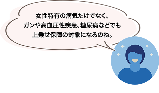 女性特有の病気だけでなく、ガンや高血圧性疾患、糖尿病などでも上乗せ保障の対象になるのね。