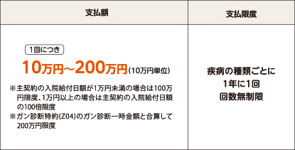 支払額 1回につき10万円〜200万円(10万円単位)、支払い限度 疫病の種類ごとに1年に1回 回数無制限