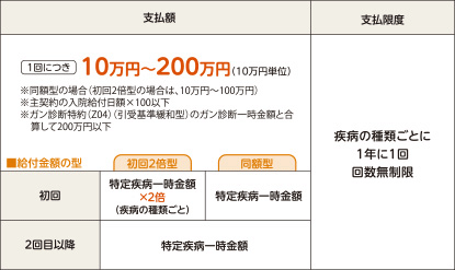 支払額 1回につき10万円〜200万円(10万円単位)、支払い限度 疫病の種類ごとに1年に1回 回数無制限