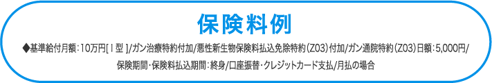 ◆基準給付月額:10万円/ガン治療特約付加/悪性新生物保険料払込免除特約(Z03)付加/ガン通院特約(Z03)日額:5,000円/保険期間・保険料払込期間:終身/口座振替・クレジットカード支払/月払の場合