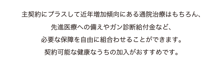 主契約にプラスして近年増加傾向にある通院治療はもちろん