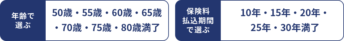 [年齢で選ぶ]50歳・55歳・60歳・65歳・70歳・75歳・80歳満了。[保険料払込期間で選ぶ]10年・15年・20年・25年・30年満了。
