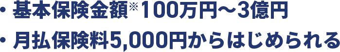 ・基本保険金額※100万円～3億円・月払保険料5,000円からはじめられる