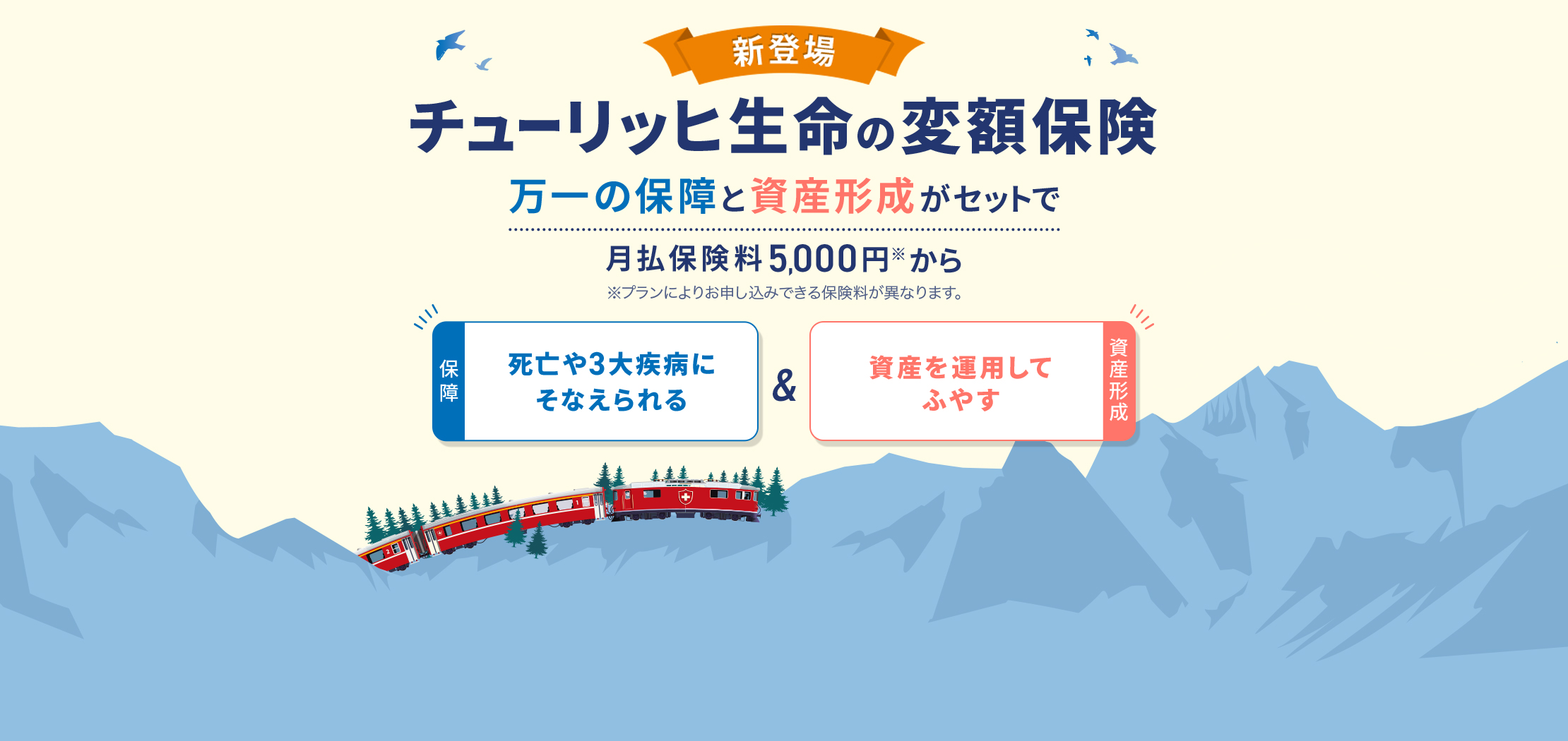 新登場 チューリッヒ生命の変額保険 万一の保障と資産形成がセットで月払保険料5,000円※から※プランによりお申し込みできる保険料が異なります。[保証 死亡や３大疾病にそなえられる][資産形成 資産を運用してふやす]