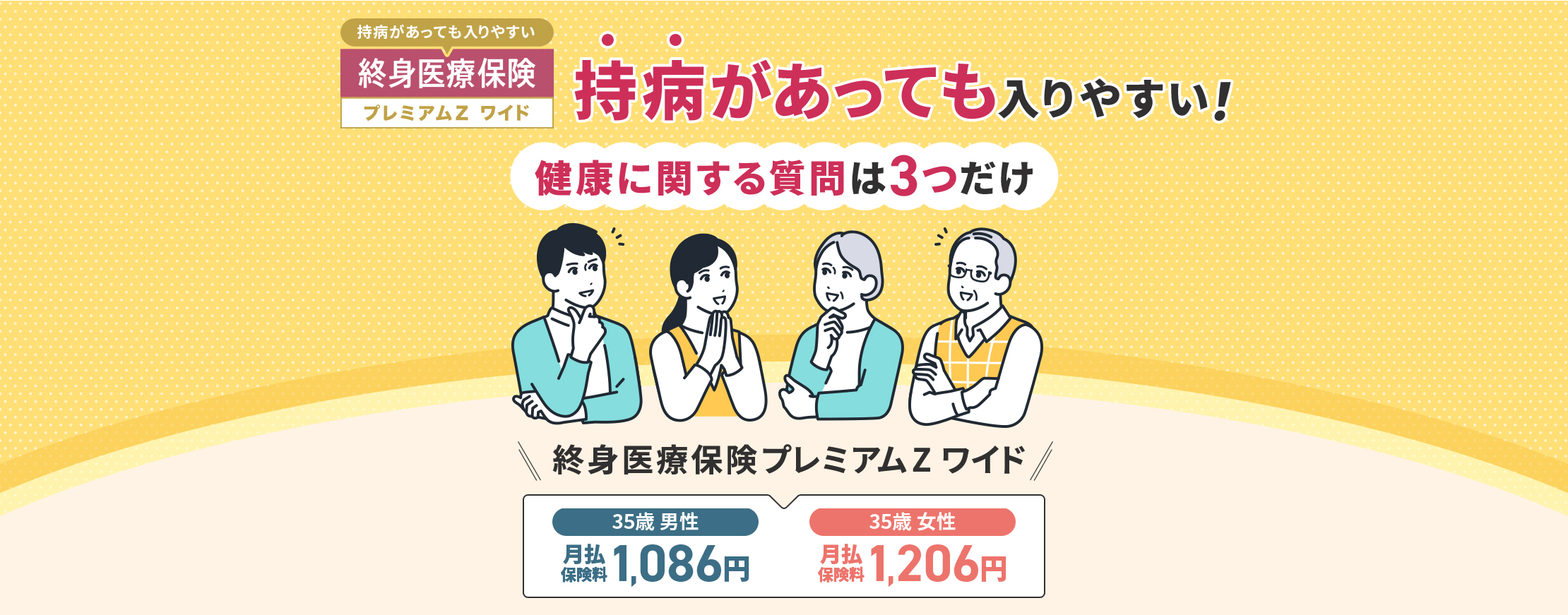 「持病があっても入りやすい 終身医療保険プレミアムZ ワイド」持病があっても入りやすい！健康に関する質問は3つだけ 終身医療保険プレミアムZ ワイド[35歳 男性 月払保険料1,086円][35歳 女性 月払保険料1,206円]