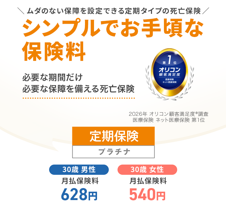 定期保険 プラチナ 30歳男性月払保険料 628円 30歳女性月払保険料 540円 2026年オリコン顧客満足度®調査 医療保険 ネット医療保険 第1位