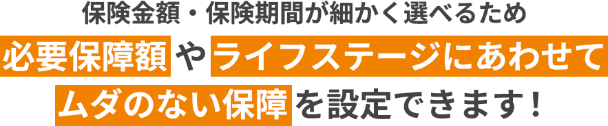 保険金額・保険期間が細かく選べるため必要保障額やライフステージにあわせてムダのない保障を設定できます！