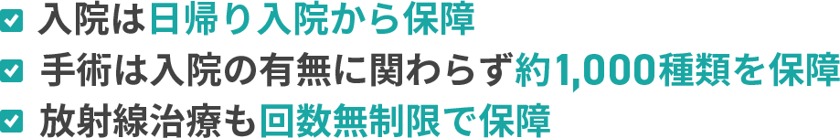 入院は日帰り入院から保障 手術は入院の有無に関わらず約1,000種類を保障 放射線治療も回数無制限で保障