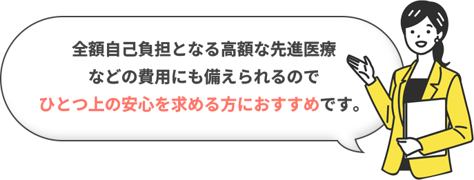 全額自己負担となる高額な先進医療などの費用にも備えられるのでひとつ上の安心を求める方におすすめです。